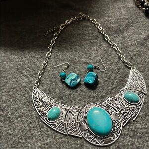 Turquoise Silver Necklace and Earring Set
